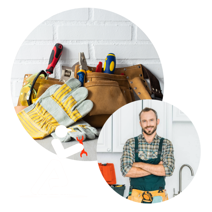 Professional tradesman and close-up of tool belt with plumbing and electrical tools, representing ASAP247’s skilled engineers.
