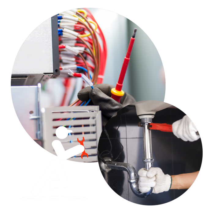 Close-up of electrical wires connected to a circuit board alongside a plumber repairing a pipe under a sink, representing ASAP247’s comprehensive service range.