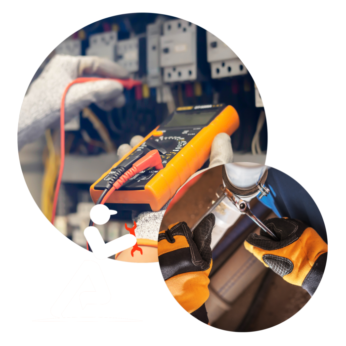 Electrician using a multimeter to test electrical current alongside a plumber repairing a pipe, illustrating ASAP247’s expert services.
