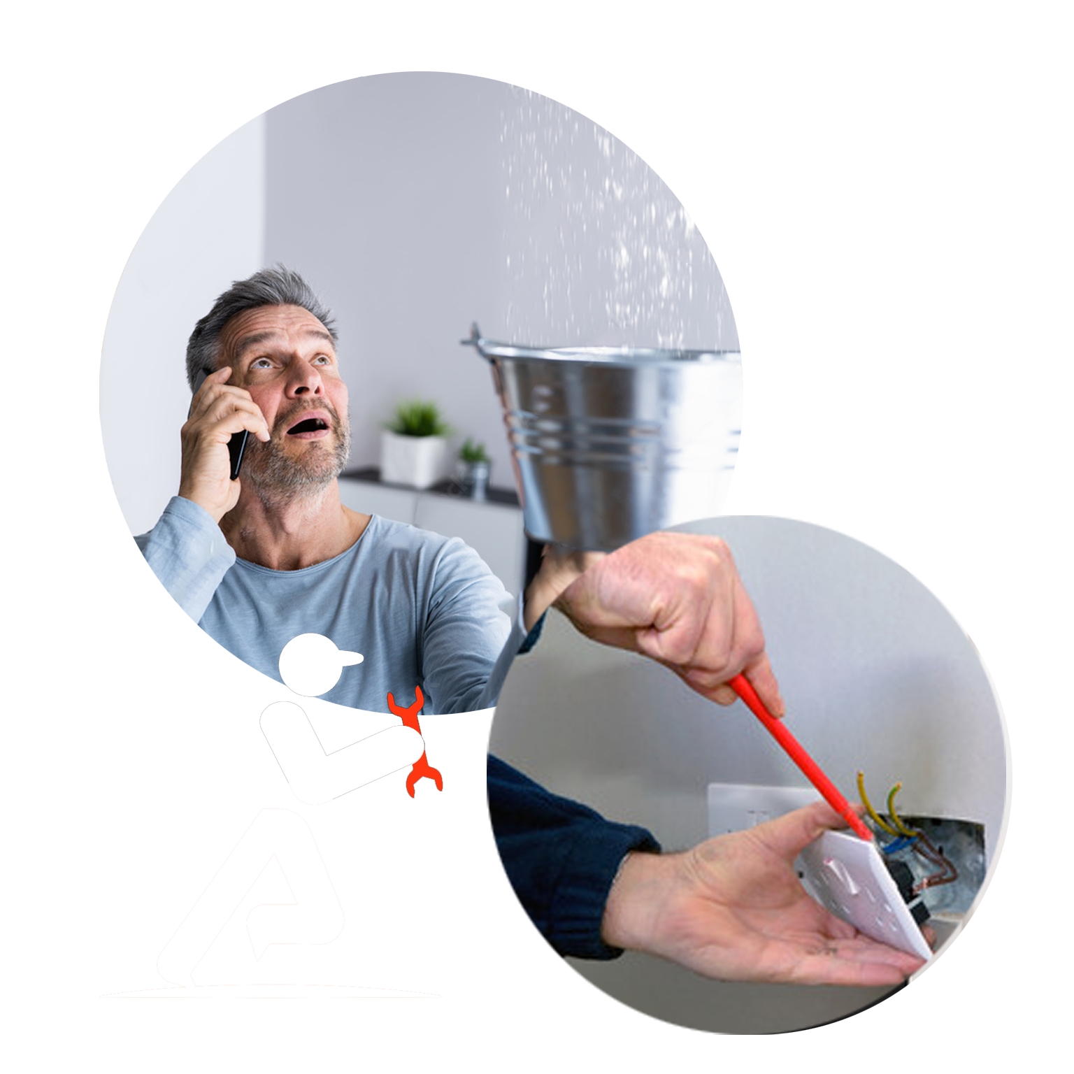 Shocked man discovering water leaking through ceiling during a plumbing emergency in a residential home.
