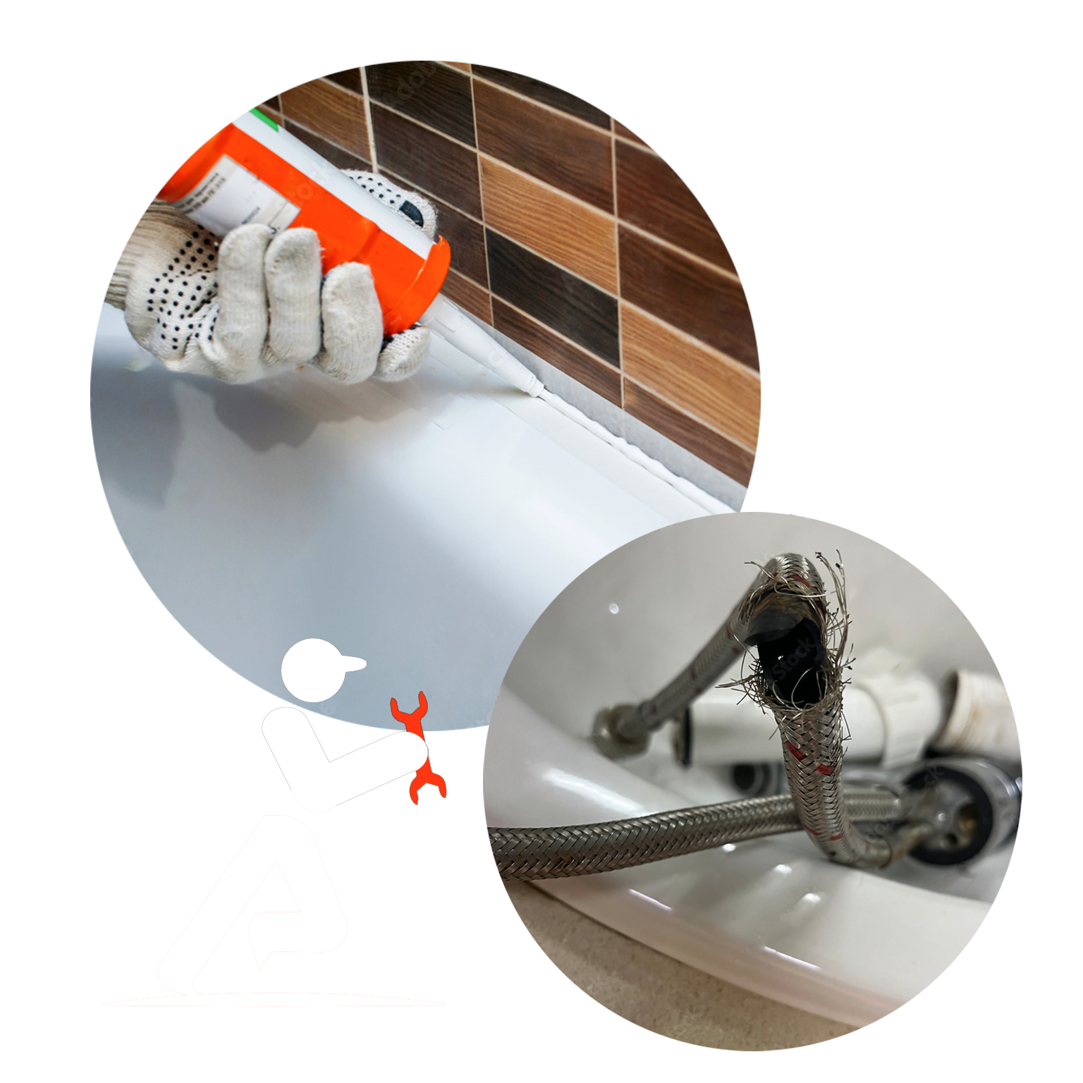Repair work in progress with bath sealant application and a damaged shower hose, showing common plumbing issues handled by ASAP247.
