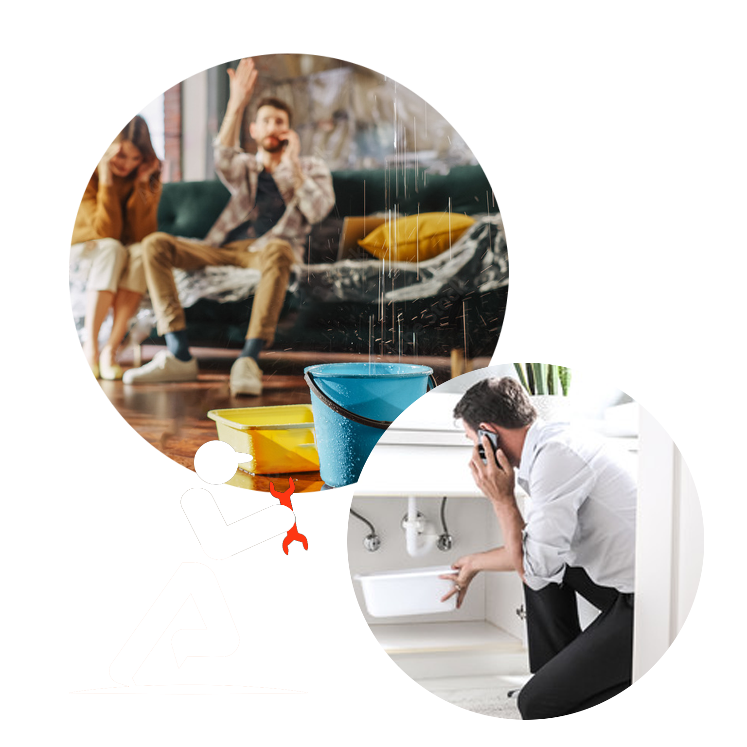 A man places a bucket under a leaking kitchen sink while another makes an emergency call as water leaks through the ceiling—common plumbing issues handled by ASAP247.