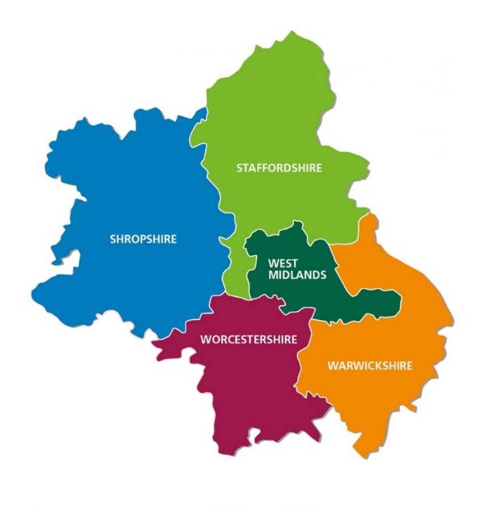 Map of the West Midlands highlighting service areas including west midlands, Shropshire, Staffordshire, Warwickshire, and Worcestershire.